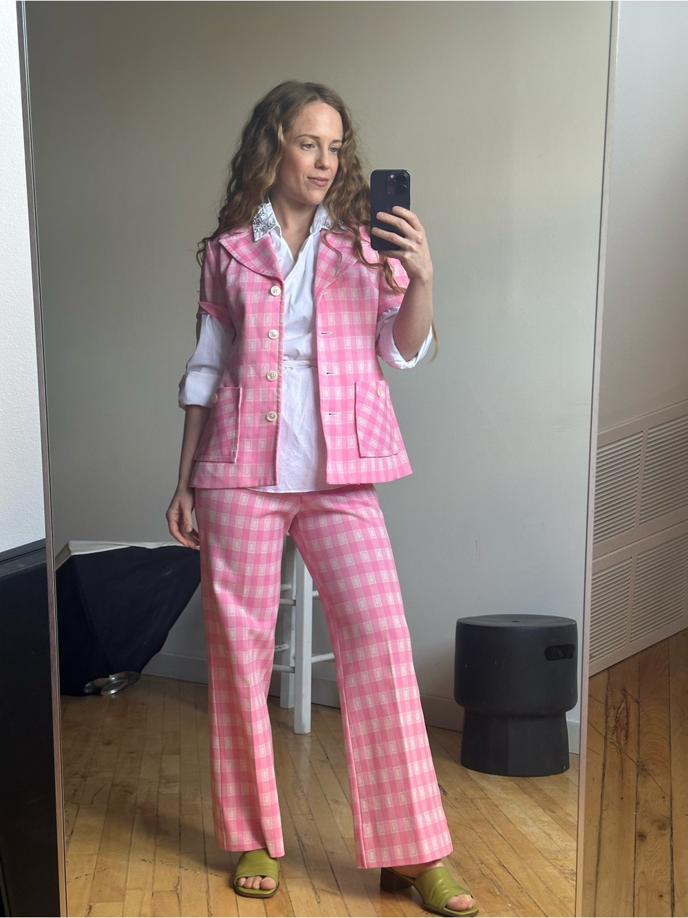 Vintage Pink Gingham Wide-Leg Pants - Women's Pantsuit